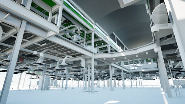 3D rendering of sample IFC data, including structure and MEP as 3D Tiles.