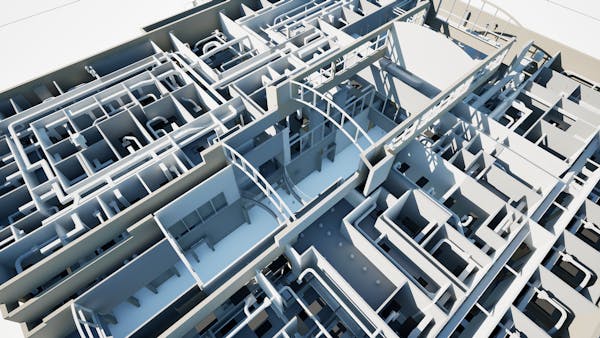 3D rendering of sample IFC data, including structure and MEP as 3D Tiles.