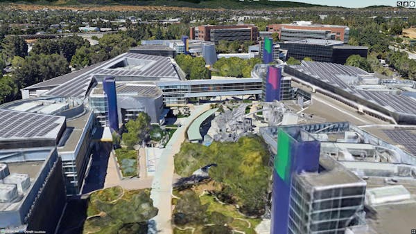 Googleplex, Mountain View, California, USA, as Google Photorealistic 3D Tiles without HDR or MSAA.