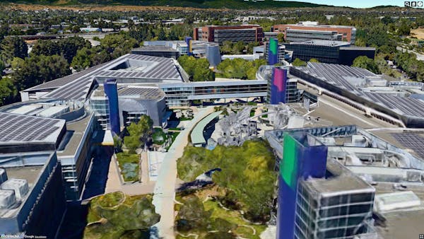 Googleplex, Mountain View, California, USA, as Google Photorealistic 3D Tiles with HDR and MSAA on.