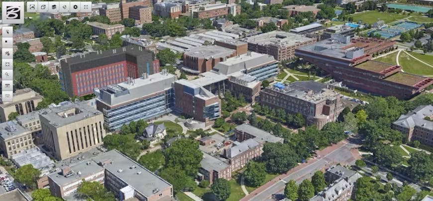 Engineering model for a new building at Penn State University surrounded by a reality model of the campus, 2017.