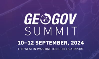 Purple background with white letters reading: GeoGov Summit, 10-12 September 2024, The Westin Washington Dulles Airport