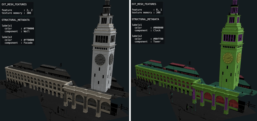 San Francisco Ferry Building with metadata coloring in Three.js