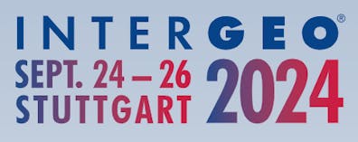 Graphic with gray background. Words in blue, purple, and red spectrum. Text reads "INTERGEO 2024. Sept. 24-26. Stuttgart."