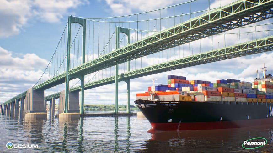 Proposed “dolphin” cylinder protection at Delaware River and Bay Authority (DRBA)’s Delaware Memorial Bridge. Courtesy Pennoni. The image shows a river, cargo ship, and twin suspension bridge.