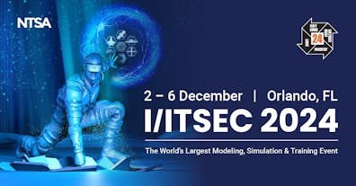 A promotional graphic for I/ITSEC 2024, the world's largest modeling, simulation, and training event. The event takes place from December 2 to December 6, 2024, in Orlando, Florida. The background features a futuristic figure in a virtual reality suit, kneeling with one hand on the ground and the other raised towards holographic technology symbols. The event's logo, which includes the emblems of the Army, Navy, Marine Corps, Air Force, and industry, is in the top right corner. The NTSA logo is displayed in the top left corner.