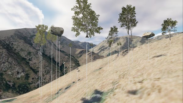 Trees and rocks floating above Cesium World Terrain, with lines drawn to where they would fall on the hills below them.
