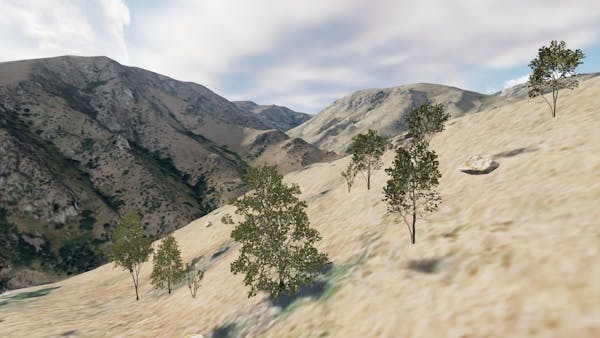 The same trees and rocks placed on the terrain using SampleTerrainMostDetailed. Assets provided by Quixel Megascans.