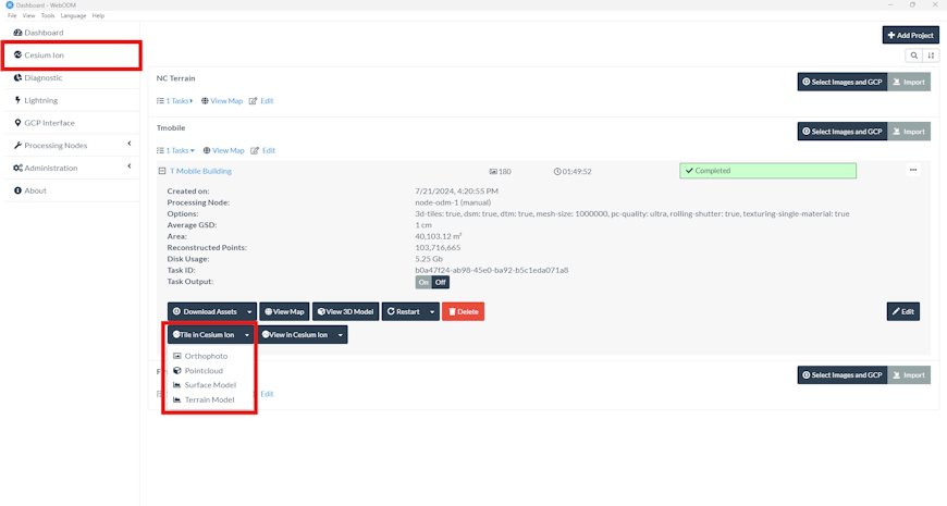 Options to upload and tile orthophotos, point clouds, surface models, and terrain models generated in WebODM to Cesium ion using the Cesium ion plugin for WebODM.