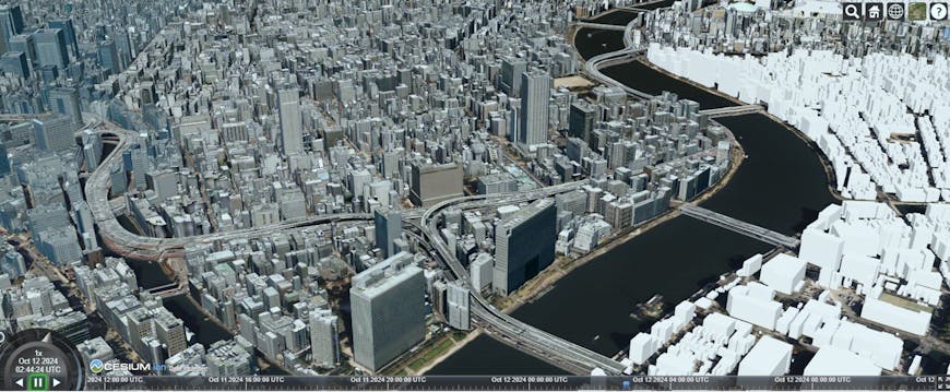 Japan 3D Buildings with updated terrain and bridges in CesiumJS.