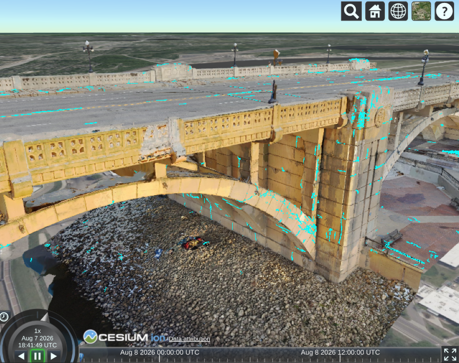 3D-native vector tileset displayed along with a photogrammetry mesh of the Robert Street bridge in St. Paul, Minnesota