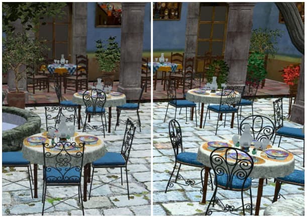 Left: San Miguel 3D Tileset with ACES tone mapping. Right: San Miguel 3D Tileset with Khronos PBR Neutral tone mapping. Note the brighter whites and more saturated greens and blues.