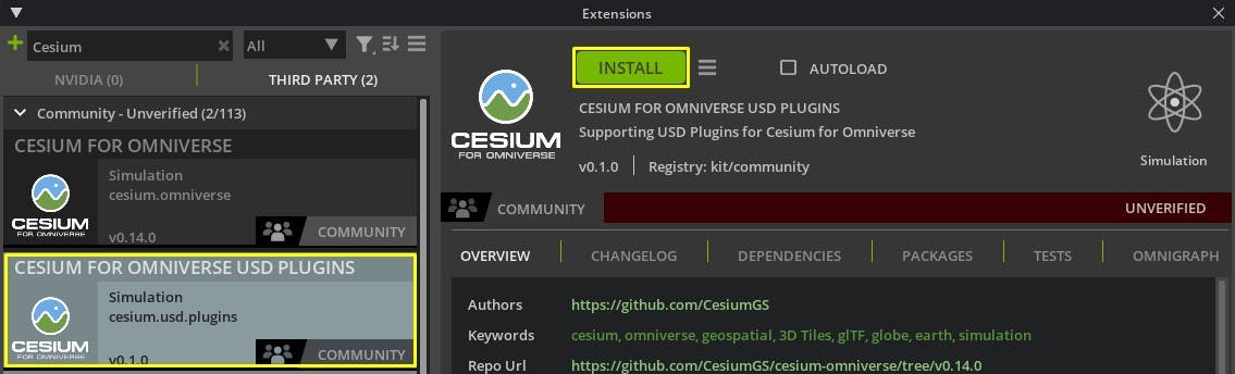 Cesium for Omniverse tutorial: quickstart. Select the Cesium for Omniverse USD Plugins extension and click the Install button. The extension will be downloaded from the community extension register and installed to this version of USD Composer.