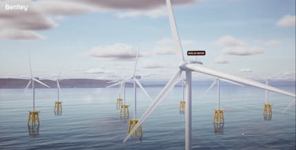 Bentley Systems’ iLab has built a demo app for offshore wind farms, using Cesium for Unreal and its own iTwin Platform. Offshore wind turbines are in the foreground, with land on the horizon and clouds in the sky.