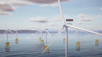 Bentley Systems’ iLab has built a demo app for offshore wind farms, using Cesium for Unreal and its own iTwin Platform. Offshore wind turbines are in the foreground, with land on the horizon and clouds in the sky.