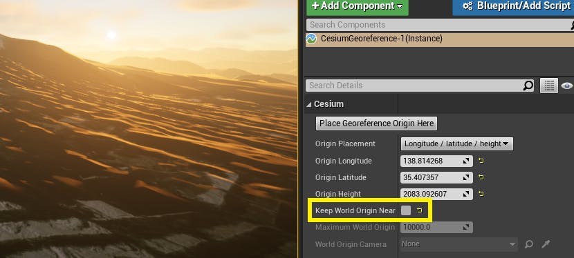 UE Editor with Keep World Origin Near control highlighted