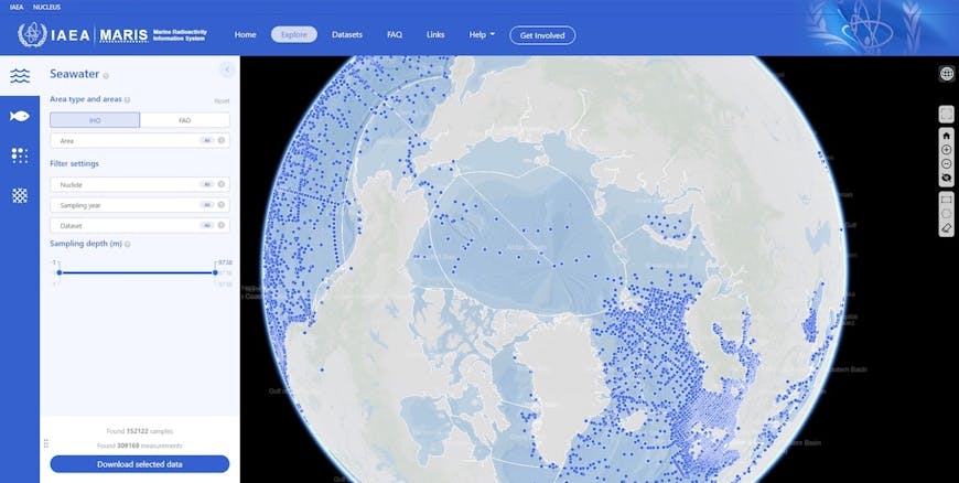 A screenshot of the Maris web site, showing the globe centered on the Artic with blue dots in water to represent locations of seawater samples, and a form for filtering what's displayed. 