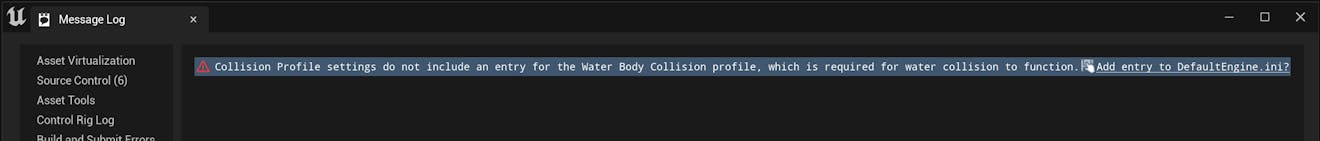 A screenshot of the "Collision Profile settings do not include an entry for the Water Body Collision profile, which is required for water collision to function" error that may appear when the Cesium for Unreal plugin is first activated.