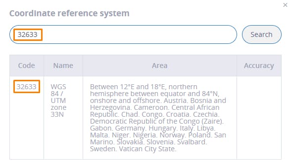 Cesium for Omniverse/Revit tutorial: Search for the EPSG code that represents the coordinate system for your project and select it. For this tutorial, our project data is projected in EPSG:32633.