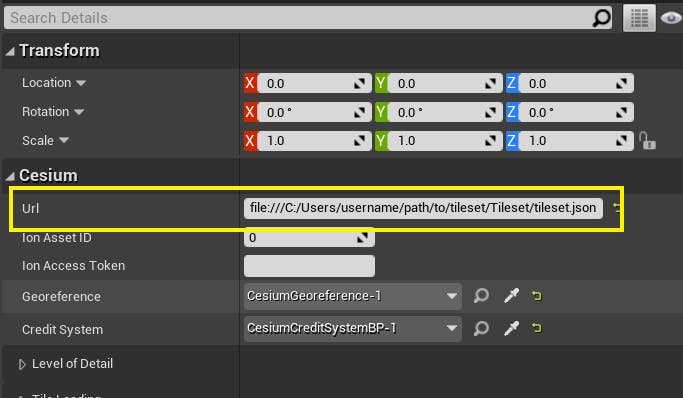 The Transform dialog with the Cesium Url field highlighted