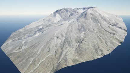 Bing Maps Aerial imagery draped on an attenuated point cloud of Mount St. Helens in Cesium for Unreal. Point cloud generated from LAS data provided by https://liblas.org.