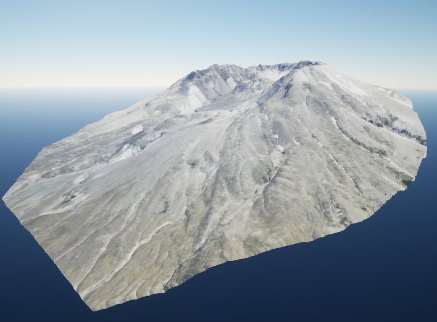 Bing Maps Aerial imagery draped on an attenuated point cloud of Mount St. Helens in Cesium for Unreal. Point cloud generated from LAS data provided by https://liblas.org.