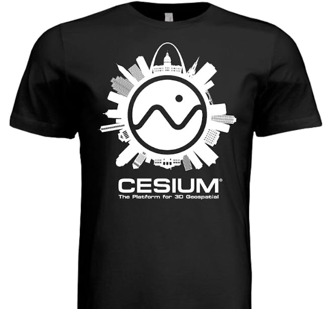 Black T-shirt with white text and Cesium logo in the middle of the St. Louis skyline.