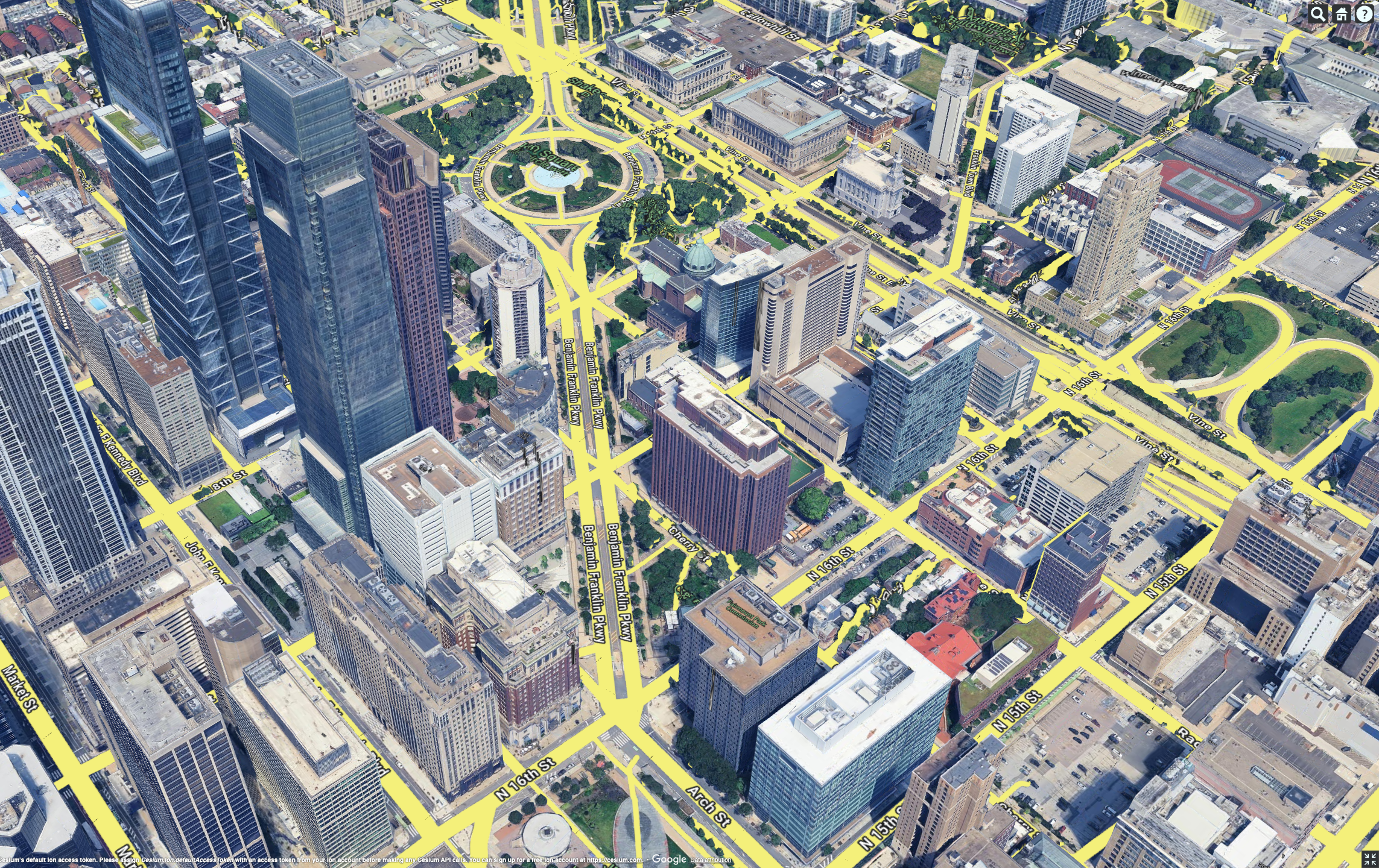An example of draping imagery on 3D Tiles: Google Photorealistic 3D Tiles with Google Roadmap Tile overlay.