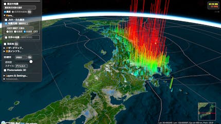 MeSM では、例えば2021年東北地方太平洋沖地震で観測された地表の加速度記録を3Dで対話的に閲覧することが可能です。(画像提供:金子 健作 博士)
In MeSM, users can interactively explore surface acceleration data recorded during the 2011 Great East Japan Earthquake in 3D. Courtesy Kensaku Kaneko.