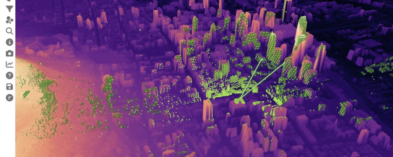 Point cloud and viewshed of Montreal, Canada, in Eptium. Courtesy Hobu.