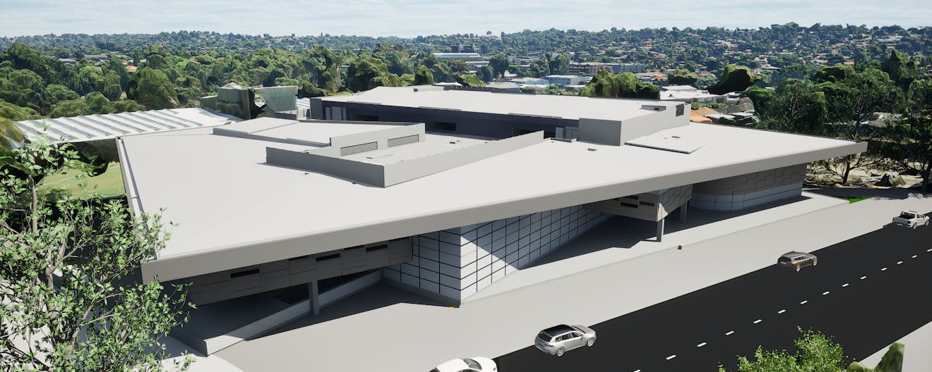 Proposed building design at TAFE NSW Meadowbank, with Aerometrex Reality Mesh context data.