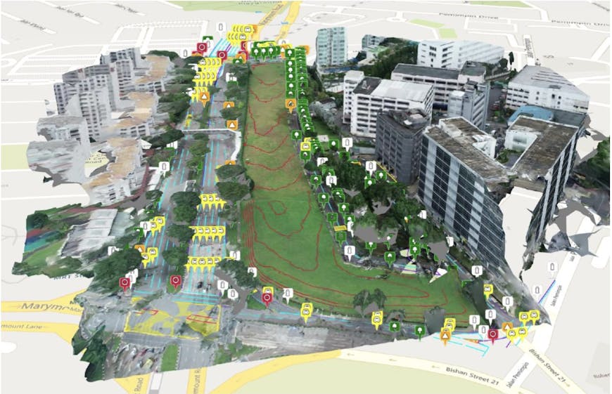 3D reality mesh with AI-powered reality analysis-generated features visualized in CesiumJS.