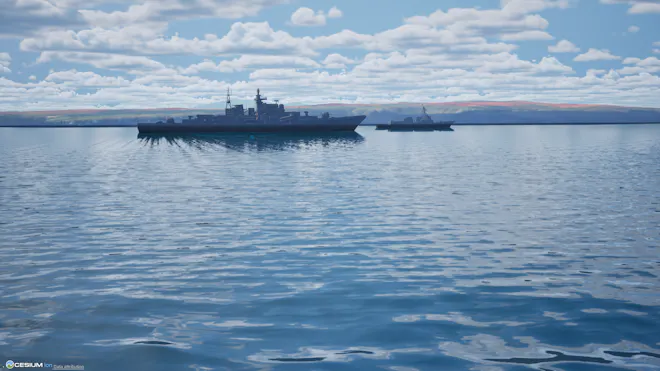 Ship on water with topographic terrain from Cesium World Bathymetry in the background.