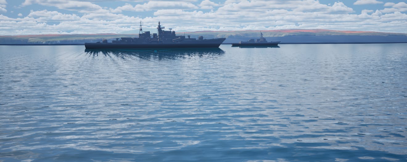 Ship on water with topographic terrain from Cesium World Bathymetry in the background.
