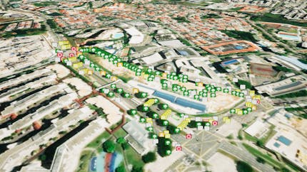 Landmarks in an area in Singapore, parsed from GeoJSON and visualized in Cesium for Unreal. Sourced from iTwin Reality Feature Service (support in progress).
