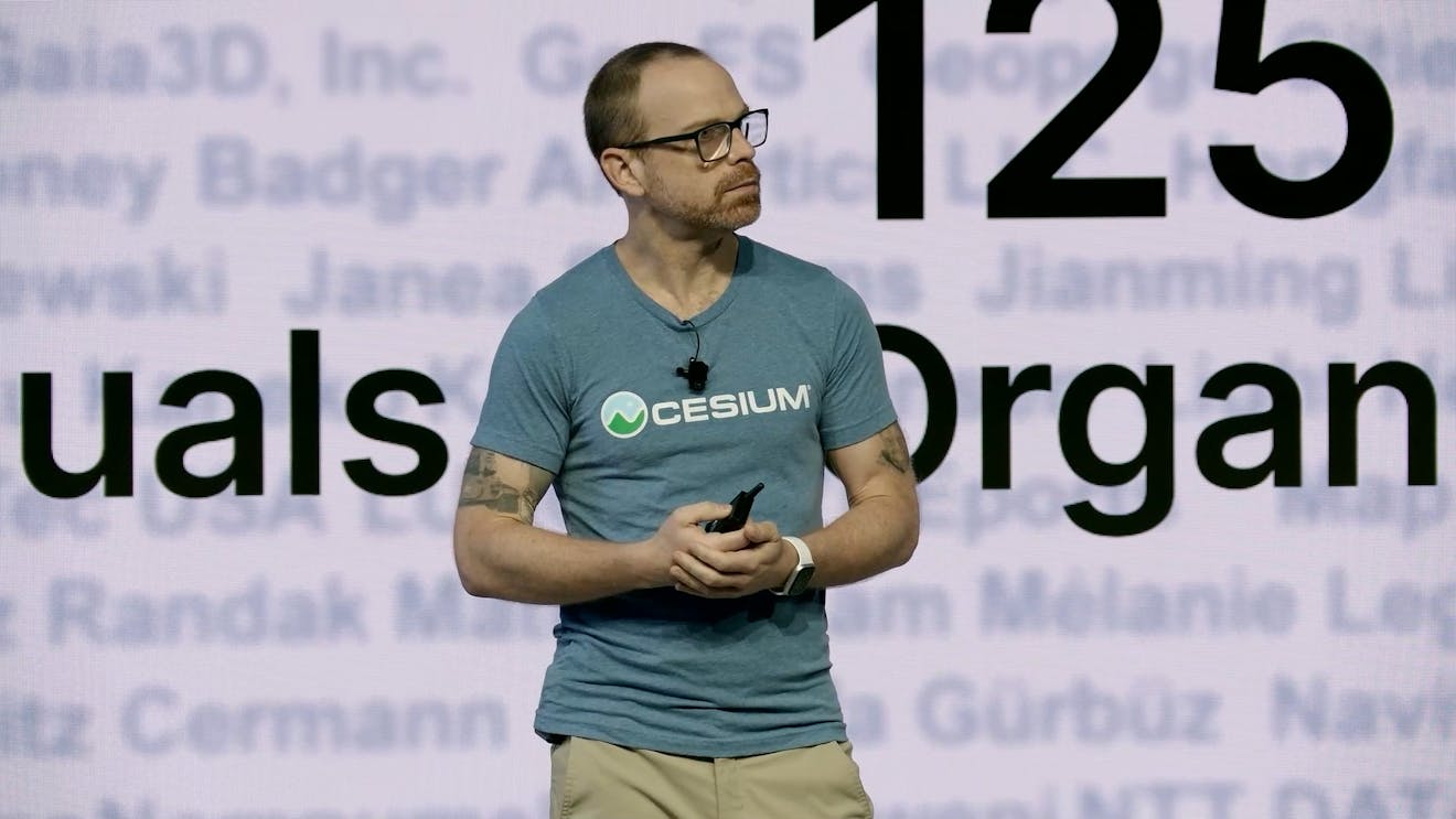Patrick Cozzi delivering the welcome keynote at the 2025 Cesium Developer Conference.