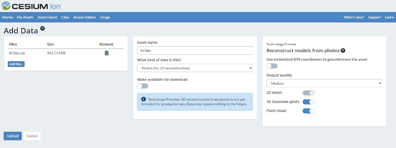 The Cesium ion user interface for importing a photo collection