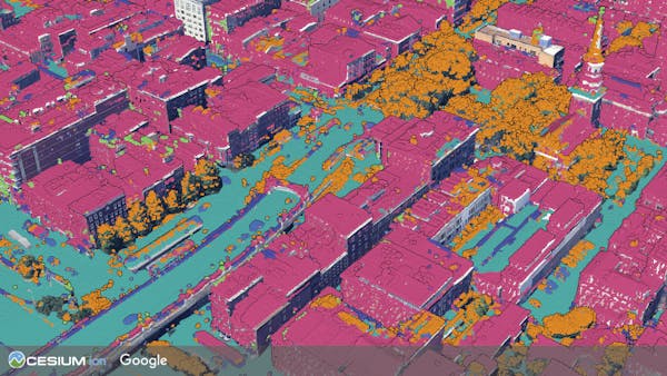 A classified point cloud of Old City in Philadelphia, PA, USA, analyzed with Cesium ion