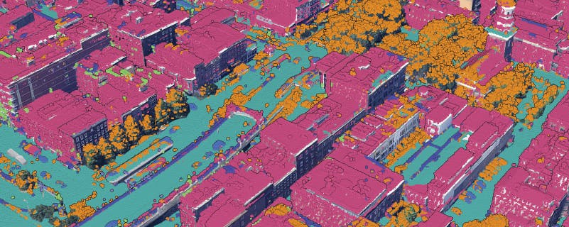 A classified point cloud of Old City in Philadelphia, PA, USA, analyzed with Cesium ion