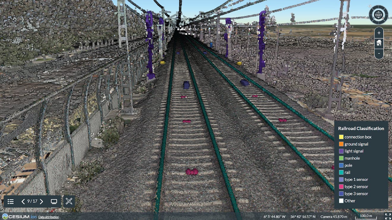 A classified point cloud of a railroad, analyzed with Cesium ion