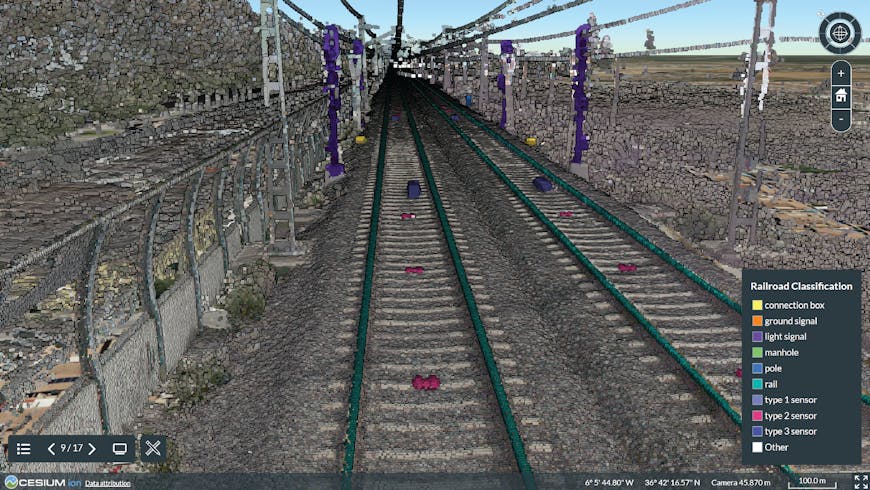 A classified point cloud of a railroad, analyzed with Cesium ion