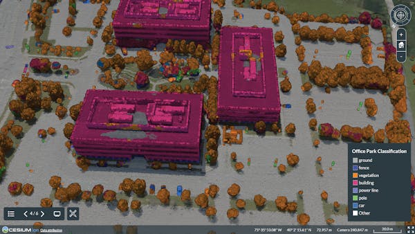 A classified point cloud of office buildings, analyzed with Cesium ion