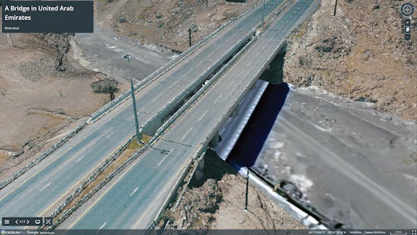 A 3D Tiles point cloud of a bridge, reconstructed from photos by Cesium ion