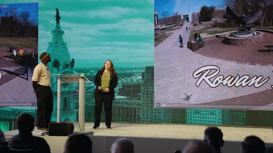 Osarodion Victory Igbinobaro of AERO AI (left) and Mary Moor of Rowan University (right) highlighted their experimentation with Cesium ion reality modeling at the Cesium Developer Conference.