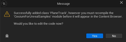 CFUE flight tracker tutorial: Once the class is added, you may get the following message. Click Yes to jump straight into the code.
