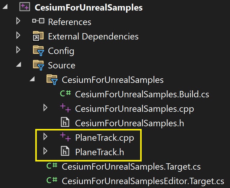 CFUE flight tracker tutorial: The new C++ files can be found in the Source folder of the Visual Studio project. (Your view may be different, depending on the structure of your project.)
