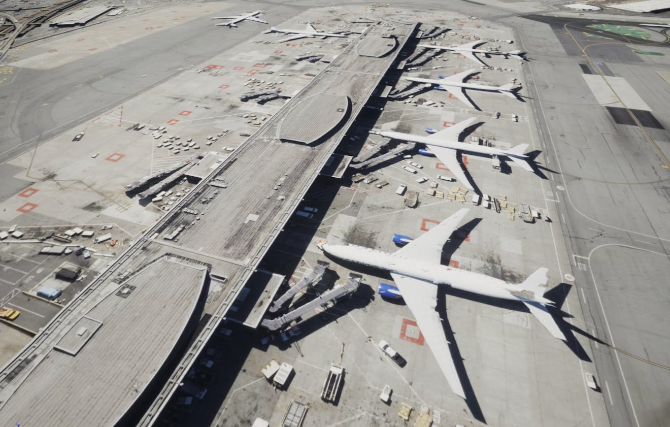 SFO visualized with Cesium World Terrain and Bing Maps Aerial imagery.