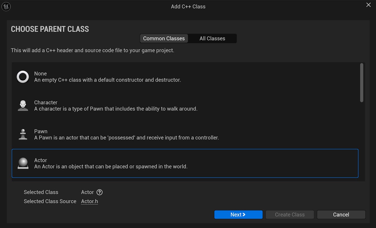 CFUE flight tracker tutorial: Add a new C++ class by going to Tools > New C++ Class… at the top left corner of the Unreal Editor. Select Actor as the parent class.