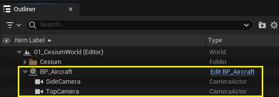 CFUE flight tracker tutorial: Using the Place Actors panel, add two new Camera Actors to the scene. Name one of them “SideCamera” and the other “TopCamera”. Then, in the Outliner panel, drag and drop the actors under BP_Aircraft so that they become its children.