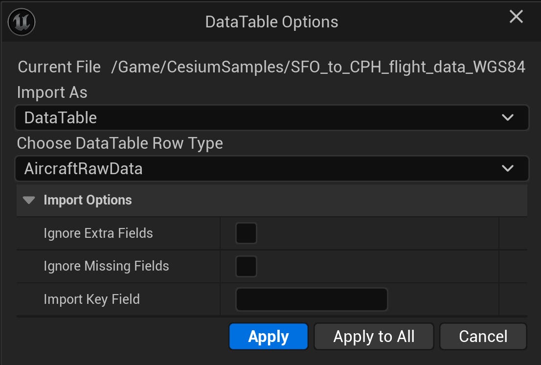 CFUE flight tracker tutorial: Drag-and-drop the .csv data file into the Unreal Engine Content Browser. Select AircraftRawData from the dropdown under Choose DataTable Row Type.